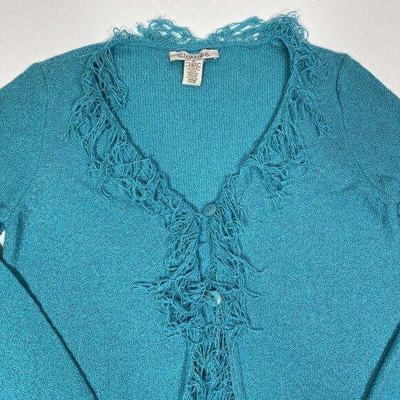C.l.o.t.h.e.s Women's Fringe Lightweight Cardigan Sweater Teal Blue Size M Flaw - Picture 5 of 11